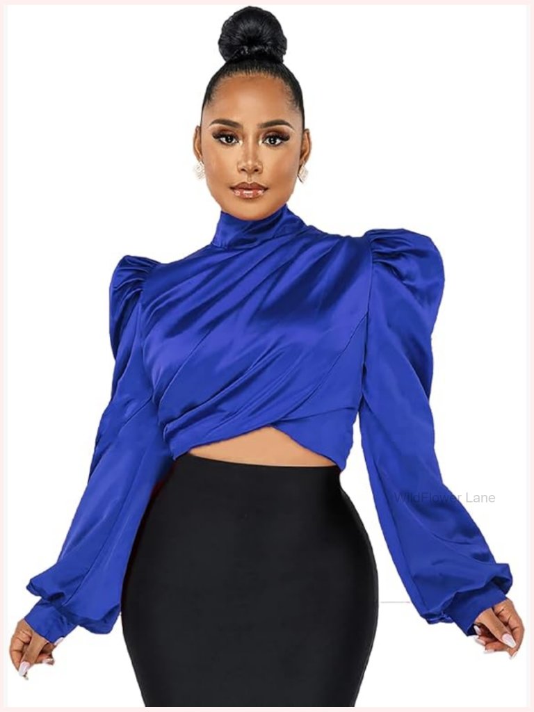 Women's Puff Sleeve Mock Neck Blouse Back Zipper Long Sleeve Satin Work Top